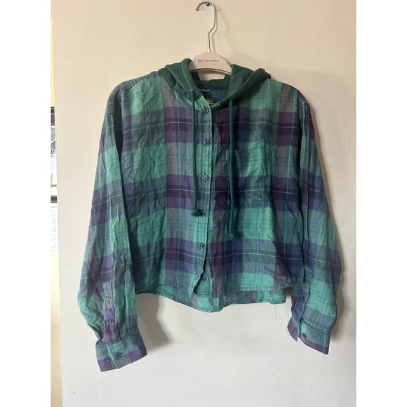$50 American Eagle Cropped Distressed Flannel Hoodie Sweatshirt Sz L Plaid NWT - Picture 1 of 10